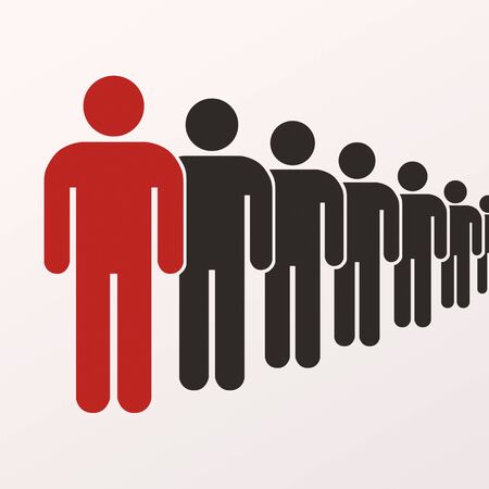 Concept of exceptional and talented employee. Red man leading black people in row on white backgroundの写真素材