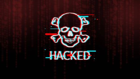 Cyber danger concept. Skull and bones, pirate icon with inscription hacked over dark background with binary code digits, panorama with copy spaceの写真素材