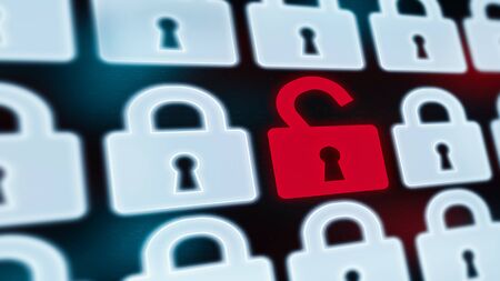 Cyber security concept. One open red padlock among white closed locks on digital screen, panorama