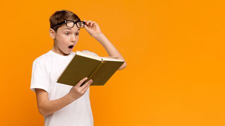 Interesting hobby. Emotional teenager reading bestseller science fiction book, orange panorama background with free spaceの写真素材