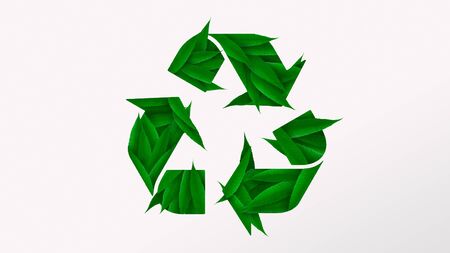 Conscious consumption concept. Recycling logo made with green leaves, white backgroundの写真素材