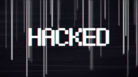 Cyber danger concept. Hacker attack alert with hacked inscription in pixel style over dark abstract...
