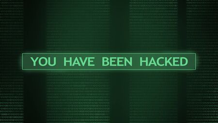 You have been hacked warning on digital screen over green binary code stream background, panorama