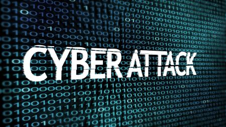 Digital security breach. Cyber Attack inscription over 3d blue binary code digits stream, panoramaの写真素材