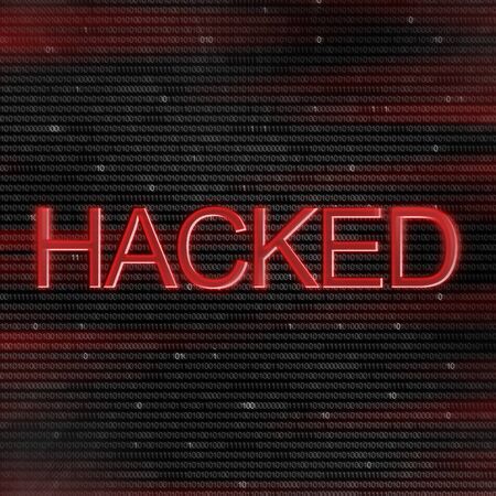 Hacker alert. Hacked inscription over abstract digital binary code stream background in red colorsの写真素材