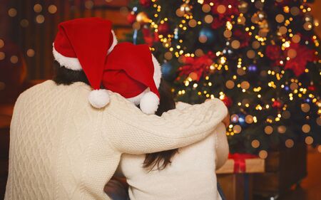 Happily married couple in Santa hats looking at Christmas tree, back view, copy spaceの写真素材