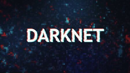 Poster with darknet inscription in glithched style over dark pixelated background, panorama