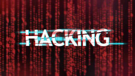 Computer screen error template with word hacking in glitch style over red binary code stream backgroundの写真素材