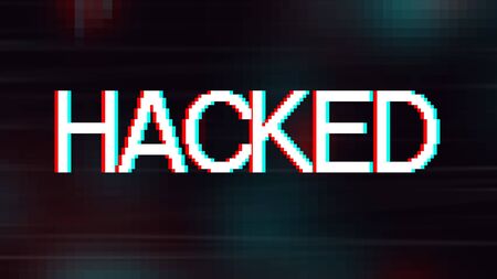 Cyber attack. Inscription hacked in glitch pixel style over dark pixelated background, panoramaの写真素材