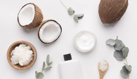 Natural spa cosmetics. Coconut butter of natural components on white backgroundの写真素材