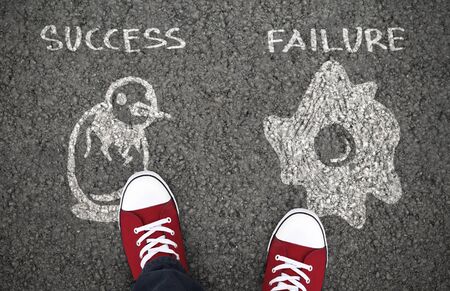 Success And Failure. Behind every victory story there are a lot of attempts. Chalk drawing of chicken and broken eggの写真素材