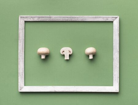 Minimalistic concept. Organic mushrooms surrounded by wooden frame on green backgroundの写真素材