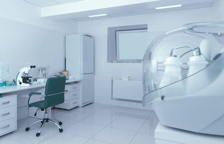 Medical and scientific laboratory with modern microscope and other equipment, panorama, copy space