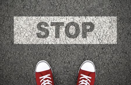 There Is No Way, Time To Stop. Access denied sign on asphalt road surface, top viewの写真素材