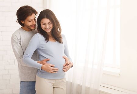 Loving man hugging his pregnant wife from behind standing near window at home, copy space