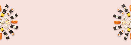 Japanese restaurant menu. Sushi set border on pink panorama background with empty space