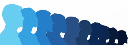 Men, male, gender concept. Raw of men silhouettes in different varieties of blue color looking in...