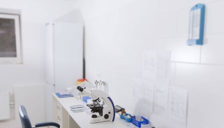 Blurred empty room with medical equipment for making analysis, panorama, copy space