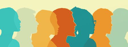 Teamwork concept, team illustration. Variety of colored silhouettes of people looking in one...