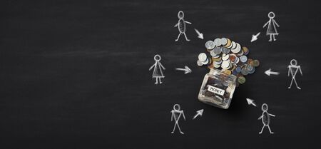 Crowdfunding concept, money for startup. Males and females around glass jar with coins over black,...