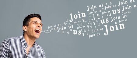 Join us invitation inscription coming out of positive young mans mouth over gray background,...
