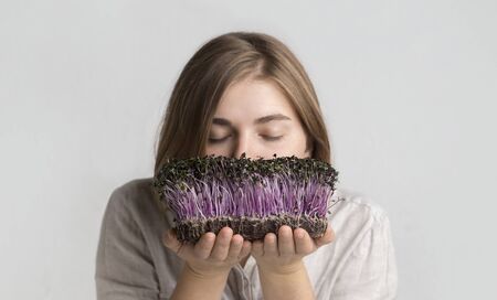 Girl vegetarian enjoying smell of fresh sprouted microgreens on gray background, panoramaの写真素材