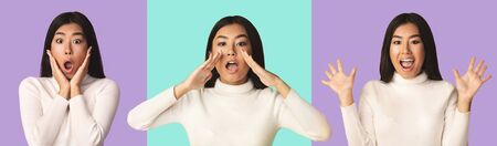 Collage of female portraits with different emotions, human feeling. Girl posing over various...