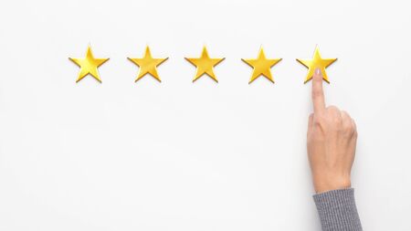Excellent survey rating for satisfaction presenting by hand of client pressing five star, white...