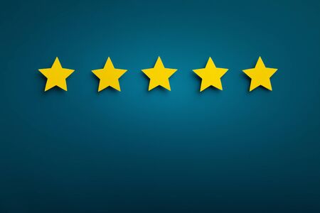 Gold five star shape on background. The best excellent business services rating customer experience...
