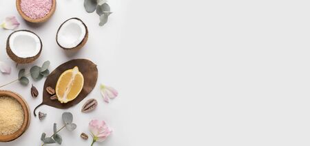 Eco friendly skincare. Aromatherapy with sea salt and natural ingredients on gray background,...