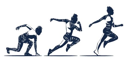 Illustrative black and white image of zebra woman jogger in different running motionsの写真素材