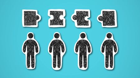 Group of creative people with puzzles above over blue background, panorama, teamwork conceptの写真素材