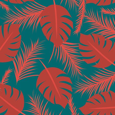 Spring And Summer. Monotone red tropical seamless pattern with exotic palm leaves forest over dark blue backgroundの写真素材