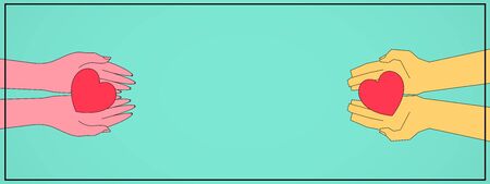 Romantic Background With Female And Male Hands Giving Their Hearts Each Other Over Turquoise Background. Panorama, Free Space, Illustrationの写真素材