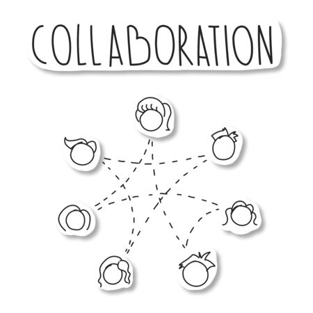 Collaboration lettering with group of diverse people connected in circle of friendship, cooperation, teamwork concept, black and whiteの写真素材