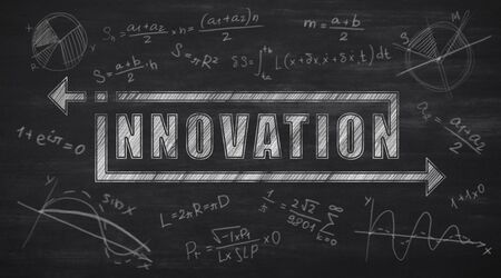 Innovation Word Conceptual Collage With Formulas Over Black Chalkboard Background. Panorama
