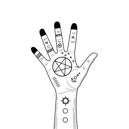 Chiromancy Concept. Fortune teller hand with palmistry diagram. Vintage illustration, magic alchemy spirituality symbol.の写真素材