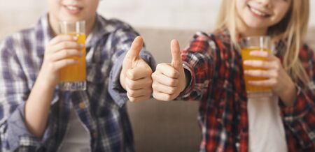 Healthy Beverages. Unrecognizable Brother And Sister Drinking Juice Gesturing Thumbs-Up Sitting On Couch At Home. Cropped, Panorama, Selective Focusの写真素材