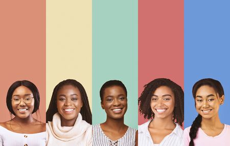 Collage of beautiful smiling black ladies over colorful studio backgrounds, african beauty conceptの写真素材