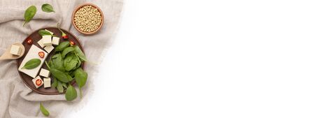 Fashion food. Bright tasty and healthy food tofu with herbs panoramaの写真素材