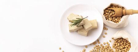 Good diet is tofu. Healthy lifestyle in fashion Soya with wooden spatula in bagの写真素材