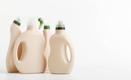 Packaging of detergent for laundry on white background. Space for text. Bio organic product layout, panoramaの写真素材