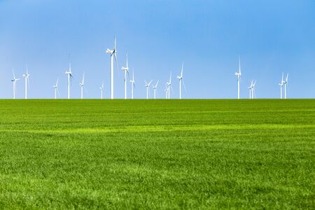 Care of nature concept. Sunny summer day on the field, clear sky and many Wind Turbines.