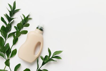 Bio natural washing concept. Cleaning laundry detergent from natural ingredients on white background, copy spaceの写真素材