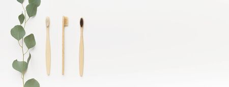 Choose eco natural home tools for care. Bamboo toothbrushes for family isolated on white background, panorama, copy spaceの写真素材