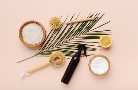 Bio natural cleaning tools and products, bamboo brushes and lemon with baking soda on pink background. Zero waste concept. Plastic free.の写真素材