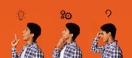 Problem solution collage. African-American man searching for and finding new idea, panorama set with different emotionsの写真素材