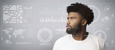 Personal data collection concept. Scan of African American male against virtual screen with...
