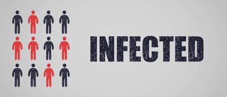 Epidemic prevention concept. Creative illustration with sick people among crowd and word INFECTED on grey backgroundの写真素材
