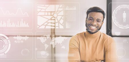 Personal info tracking. ID scan of African American man, double exposure of light room and data on virtual screen, copy space. Panoramaの写真素材